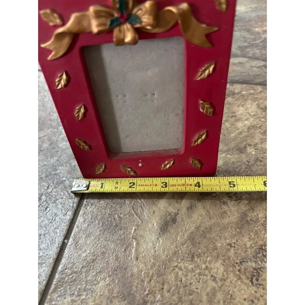 Christmas Red and Gold Holly Ribbon Picture Frame Small Tabletop Holiday Decor